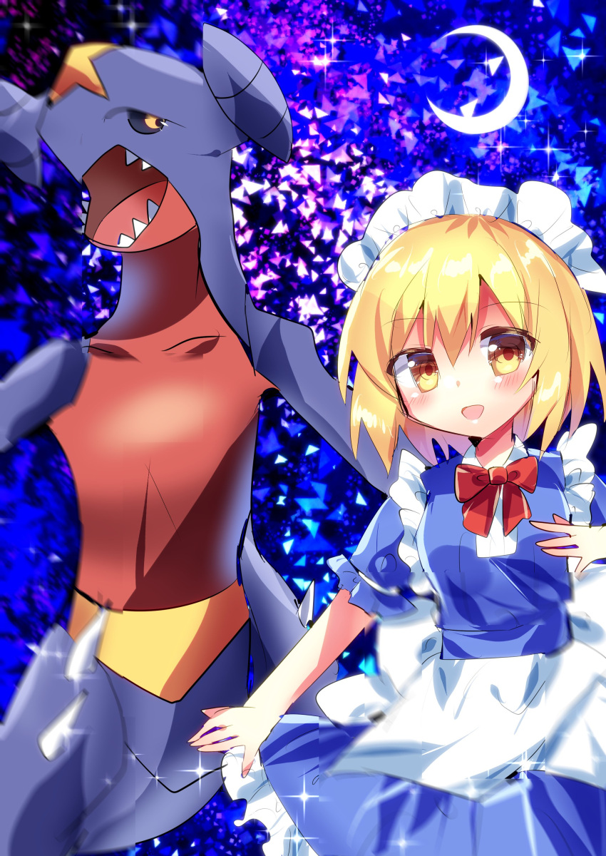 1girl, absurdres, blonde_hair, bow, bowtie, crescent_moon, garchomp, highres