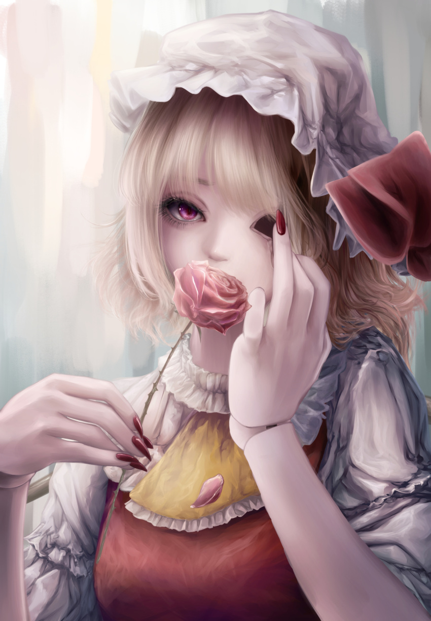 1girl, ascot, blonde_hair, collared_shirt, commentary, covered_mouth, covering_mouth, eyebrows_hidden_by_hair