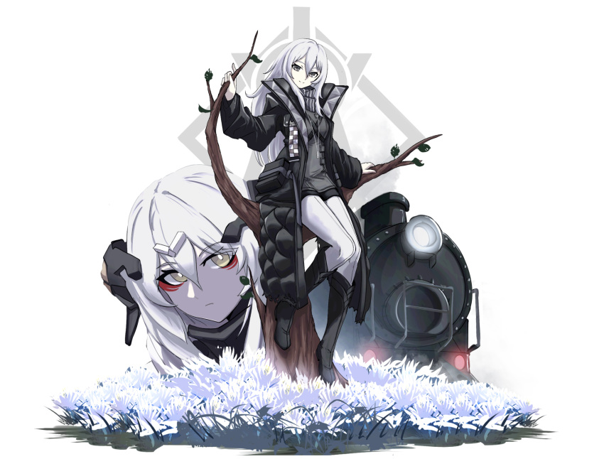 1girl, black_footwear, black_jacket, boots, close-up, closed_mouth, expressionless, flower