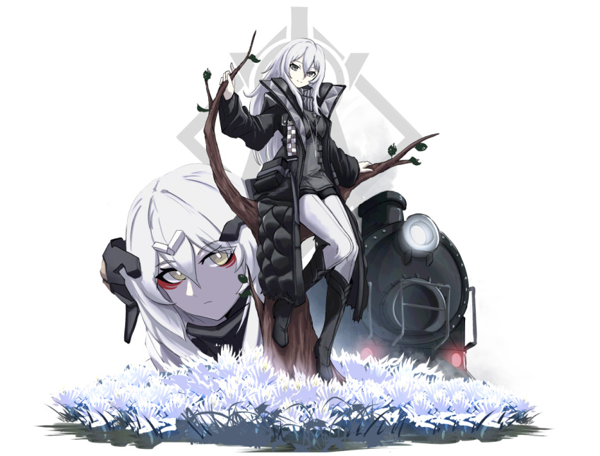 1girl, black_footwear, black_jacket, boots, close-up, closed_mouth, expressionless, flower