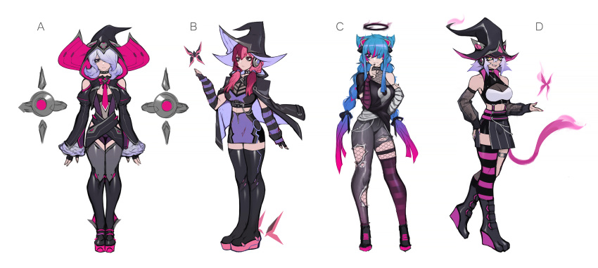 4girls, concept_art, era_(omega_strikers), full_body, hat, highres, kneehighs, large_hat, liyart, multiple_girls, official_alternate_costume, omega_strikers, socks, tagme, witch, witch_hat