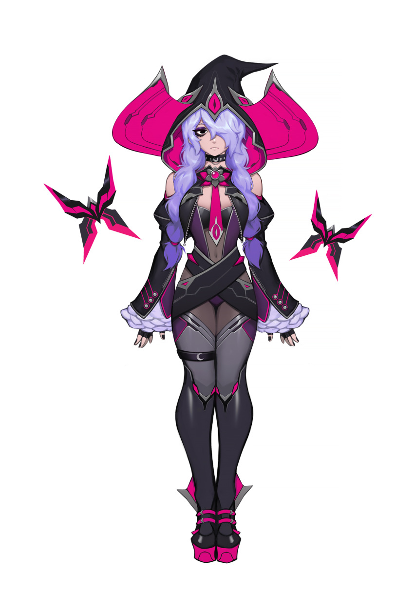 1girl, black_nails, boots, braid, choker, concept_art, era_(omega_strikers), full_body, gothic, hat, high_heel_boots, high_heels, highres, liyart, looking_at_viewer, official_art, omega_strikers, purple_hair, solo, straight-on, tagme, twin_braids, witch, witch_hat