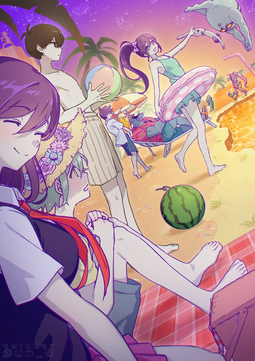 3girls, 6+boys, ^_^, ^o^, absurdres, aubrey_(omori), ball, bare_shoulders
