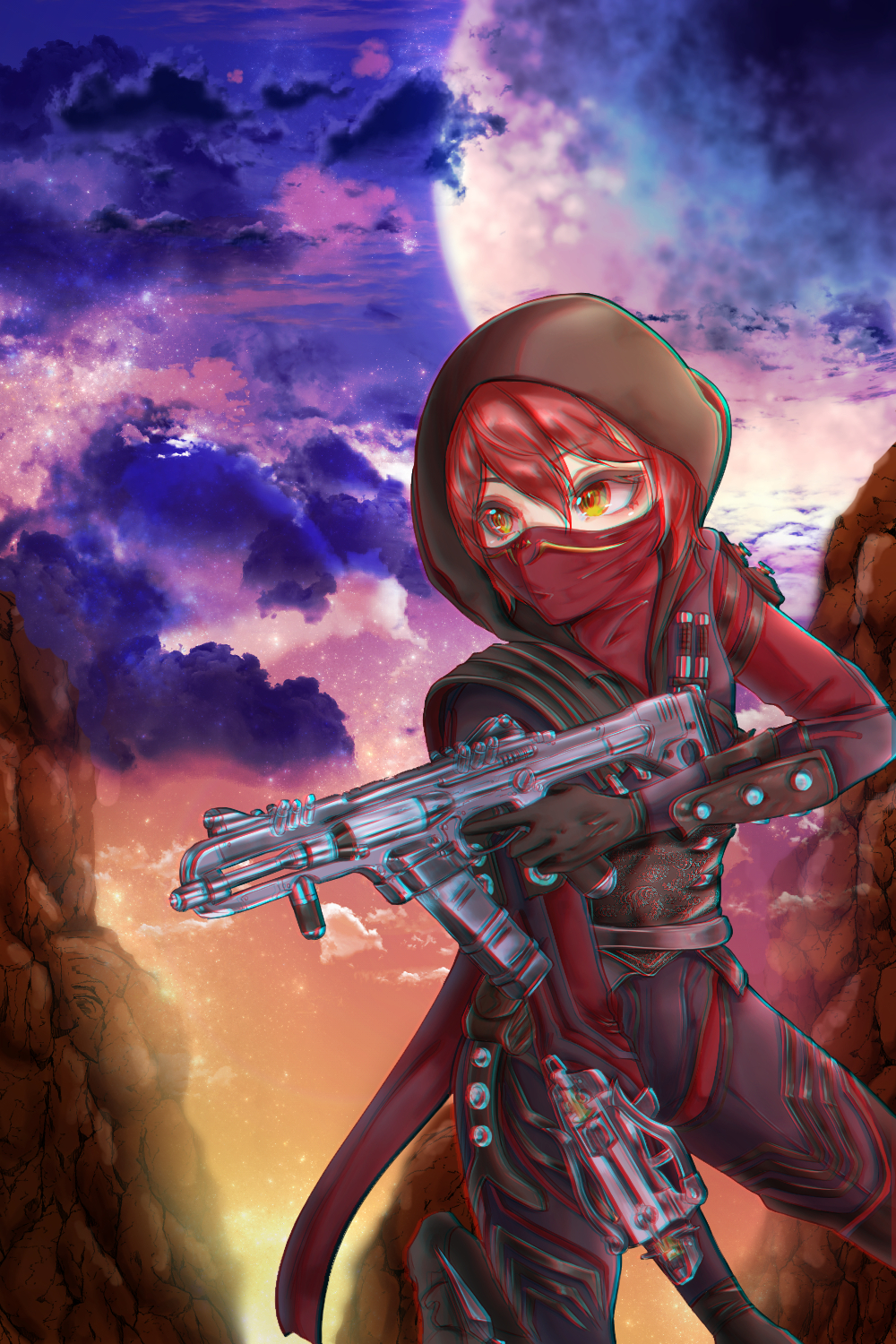 1girl, apex_legends, black_bodysuit, black_gloves, bodysuit, brown_eyes, chromatic_aberration, clouds