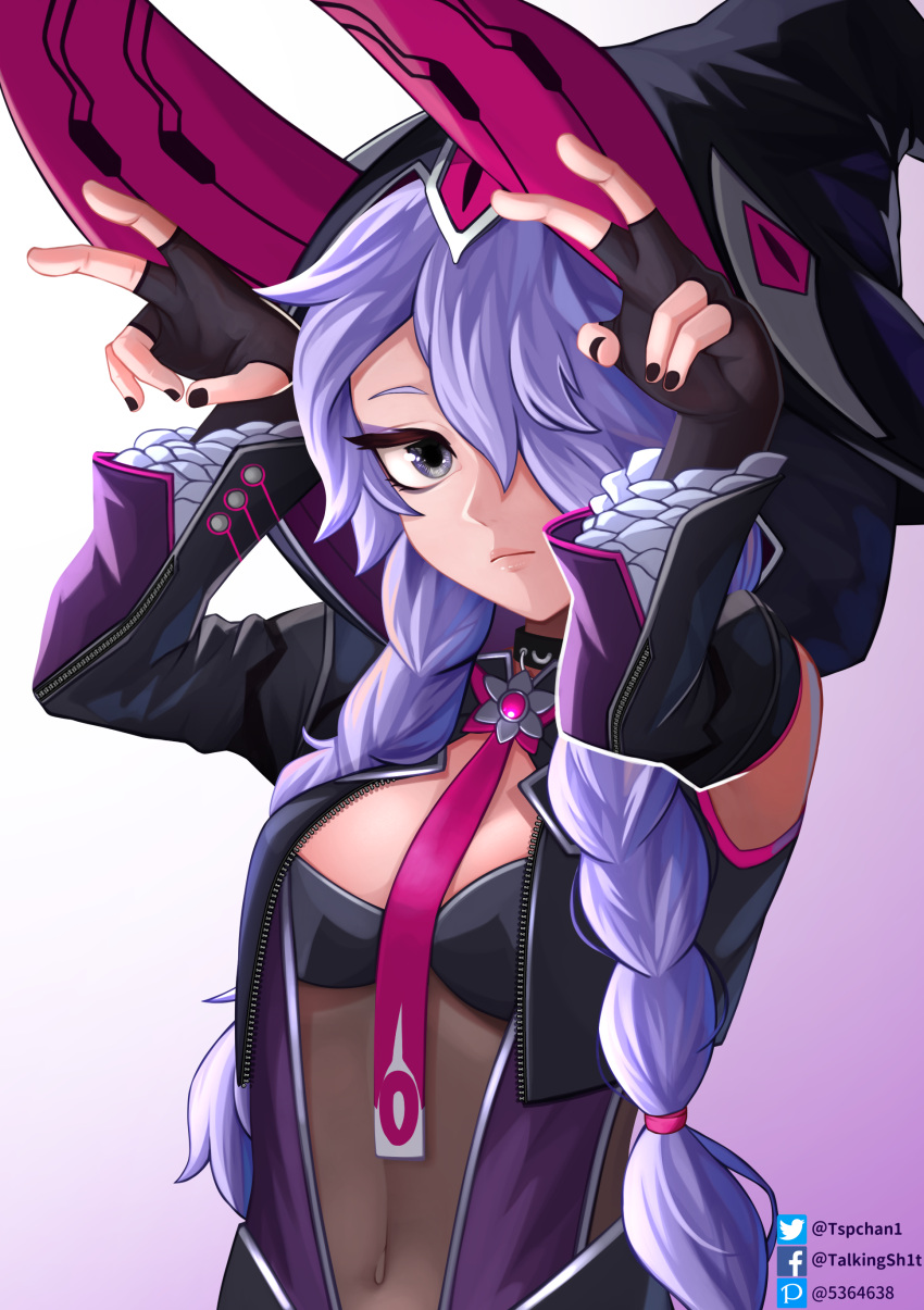 1girl, absurdres, armpits, arms_up, black_nails, choker, closed_mouth, colored_skin