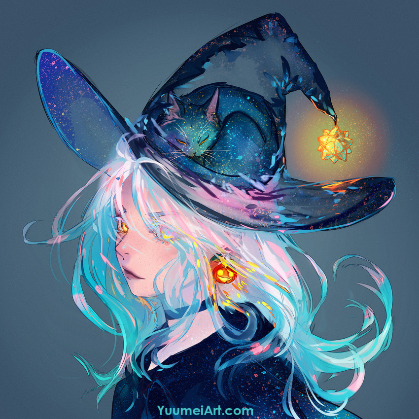 1girl, animal, black_choker, black_headwear, black_shirt, blue_hair, cat, choker