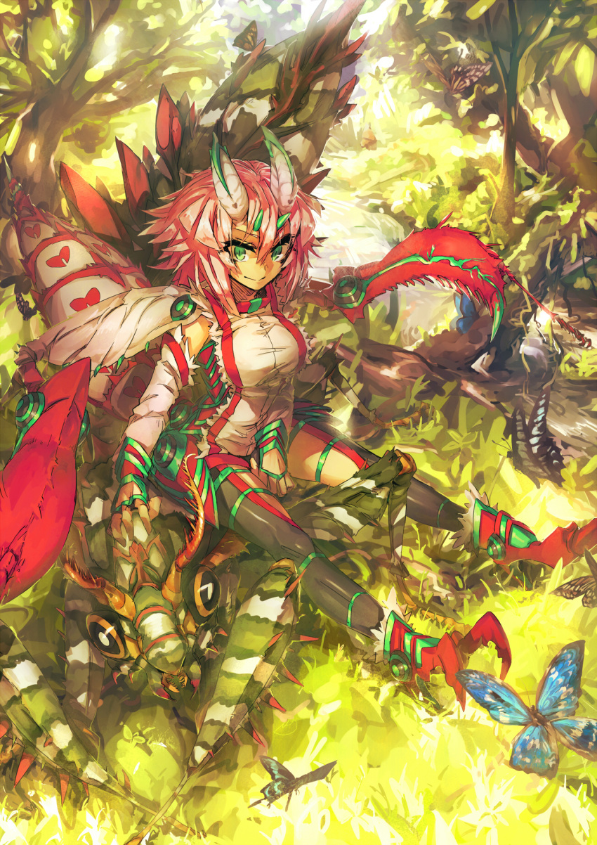 1girl, arthropod_girl, arthropod_limbs, bug, butterfly, commentary_request, day, detached_sleeves