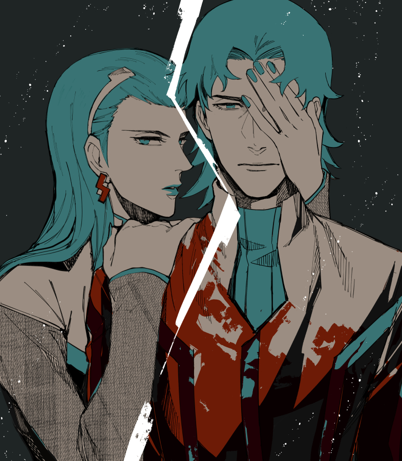 1boy, 1girl, aqua_eyes, aqua_hair, aqua_nails, brother_and_sister, earrings, egg_(cknlun)