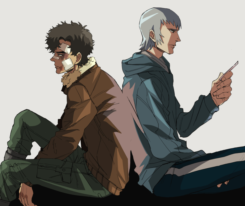 2boys, back-to-back, bandages, between_legs, black_hair, brown_coat, bruise, bruised_eye