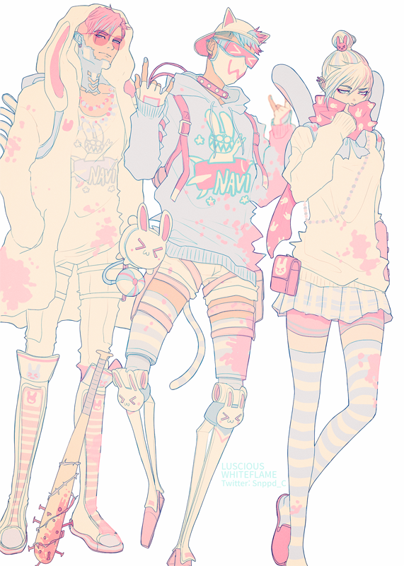 >_<, 1girl, 2boys, \m/, alternate_costume, animal_ears, apex_legends, backwards_hat