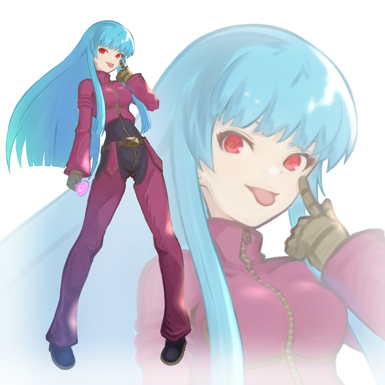 1girl, akanbe, bangs, belt, black_footwear, blue_hair, blunt_bangs, bodysuit