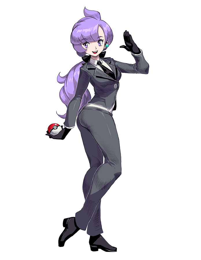 1girl, anabel_(pokemon), ass, black_footwear, black_gloves, black_necktie, formal, full_body, genzoman, gloves, high_heels, necktie, photoshop_(medium), poke_ball, poke_ball_(basic), pokemon, pokemon_(game), pokemon_sm, ponytail, purple_hair, revision, smile, solo, standing, suit, twisted_torso, violet_eyes