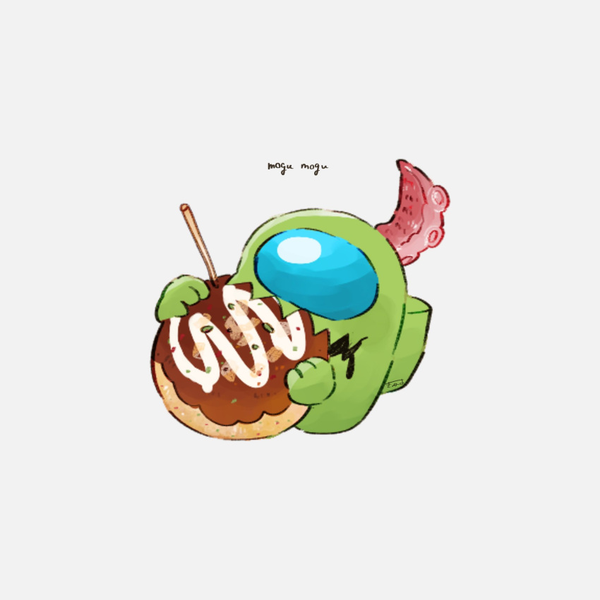 1other, among_us, artist_name, commentary, food, food_on_head, grey_background, highres