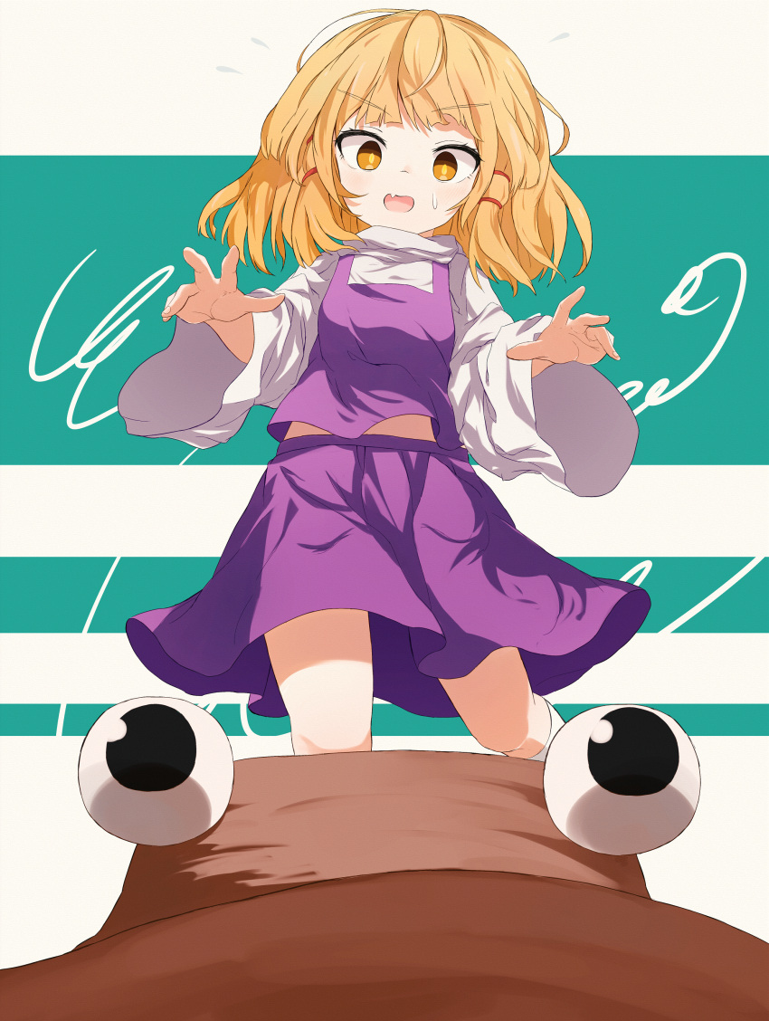 1girl, absurdres, ar_(maeus), blonde_hair, blush, brown_headwear, fang, hair_ribbon