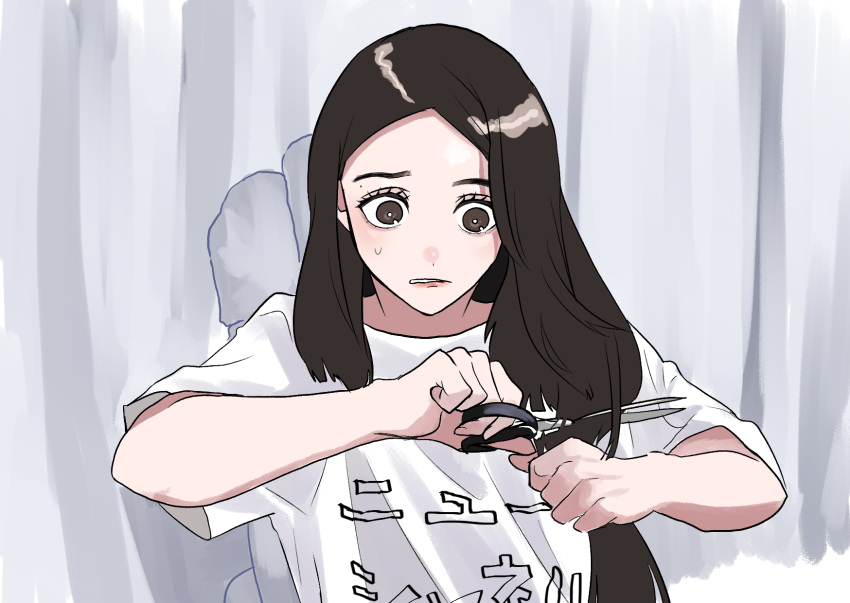1girl, animification, brown_eyes, brown_hair, chair, cutting_own_hair, highres, holding