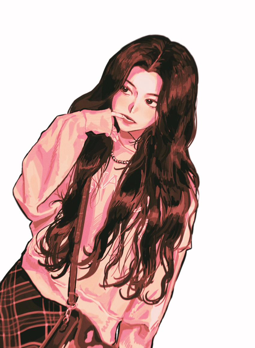 1girl, absurdres, animification, bag, brown_bag, brown_eyes, brown_hair, brown_skirt