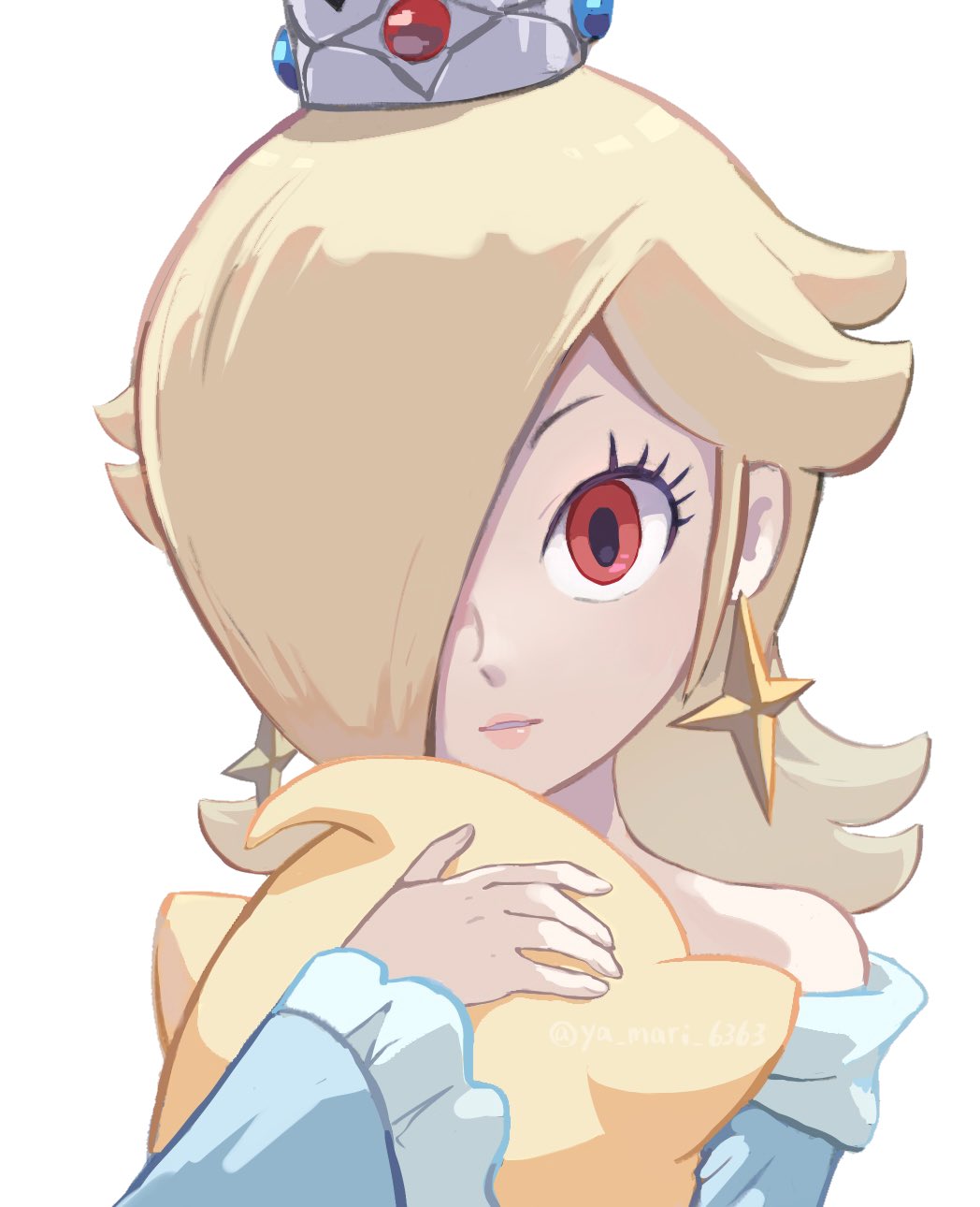 1girl, bare_shoulders, blonde_hair, blue_dress, corruption, crown, dress, earrings
