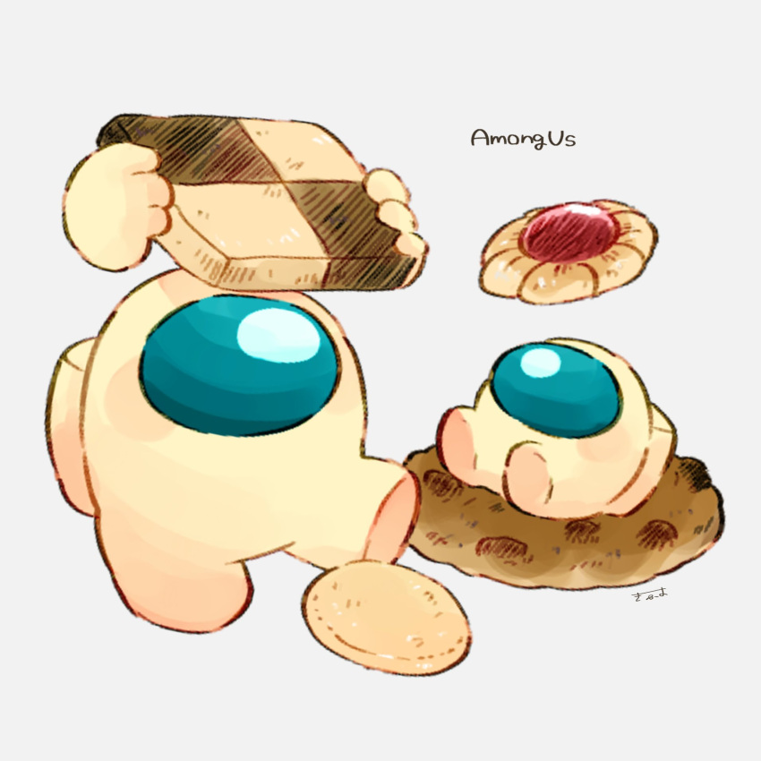 2others, among_us, artist_name, banana_(among_us), checkerboard_cookie, chocolate_chip_cookie, commentary, cookie