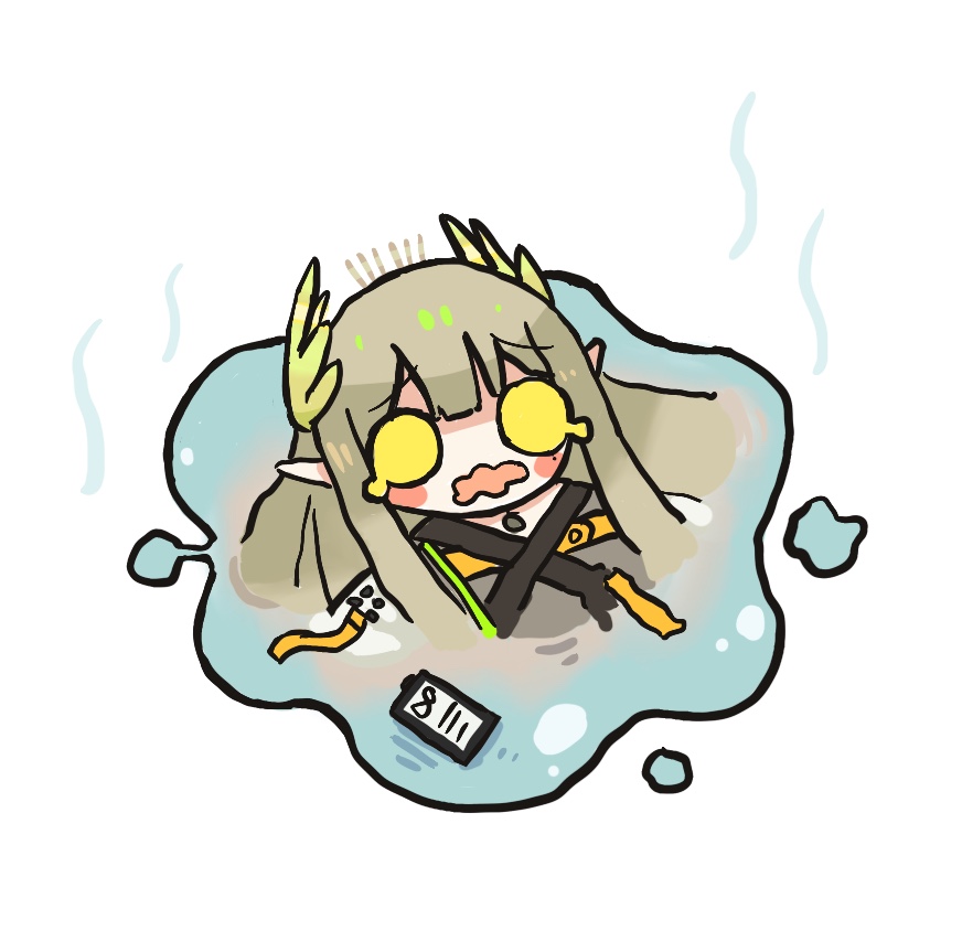 1girl, arknights, bangs, brown_hair, chibi, daoshi_niang_lan_er, green_wings, grey_shirt, head_wings, jacket, long_hair, melting, muelsyse_(arknights), o_o, open_clothes, open_jacket, open_mouth, pointy_ears, puddle, shirt, solo, teardrop, water, wavy_mouth, white_background, white_jacket, wings, yellow_eyes