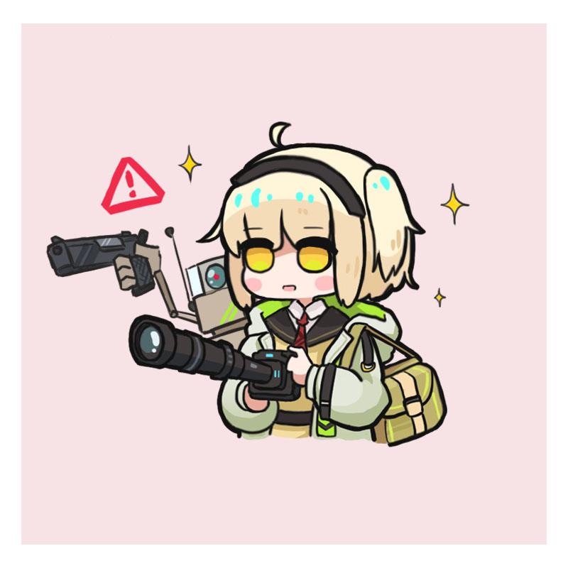1girl, :d, ahoge, arknights, bag, bangs, black_hairband, black_sailor_collar, blonde_hair, blush_stickers, brown_shirt, camera, chibi, collared_shirt, cropped_torso, daoshi_niang_lan_er, gun, hairband, holding, holding_camera, holding_gun, holding_weapon, jacket, long_sleeves, necktie, one_side_up, open_clothes, open_jacket, pink_background, puffy_long_sleeves, puffy_sleeves, red_necktie, robot, sailor_collar, scene_(arknights), shirt, sign, simple_background, smile, solo, sparkle, upper_body, warning_sign, weapon, white_jacket, white_shirt, yellow_eyes
