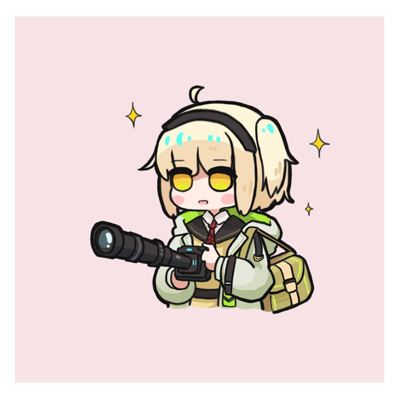1girl, :d, ahoge, arknights, bag, bangs, black_hairband, black_sailor_collar, blonde_hair, blush_stickers, brown_shirt, camera, chibi, collared_shirt, cropped_torso, daoshi_niang_lan_er, hairband, holding, holding_camera, jacket, long_sleeves, necktie, one_side_up, open_clothes, open_jacket, pink_background, puffy_long_sleeves, puffy_sleeves, red_necktie, sailor_collar, scene_(arknights), shirt, simple_background, smile, solo, sparkle, upper_body, white_jacket, white_shirt, yellow_eyes