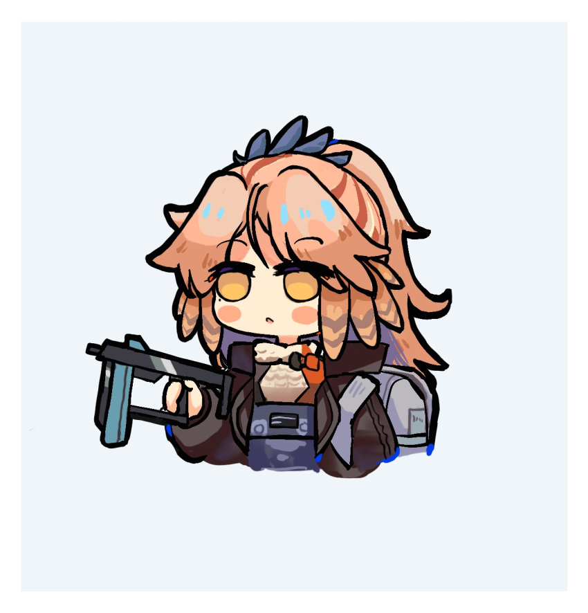 :o, arknights, backpack, bag, black_jacket, blush_stickers, chibi, cropped_torso