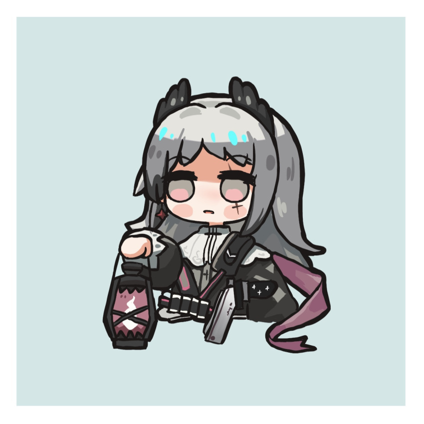 1girl, arknights, black_jacket, blue_background, blush_stickers, capelet, chibi, cropped_torso