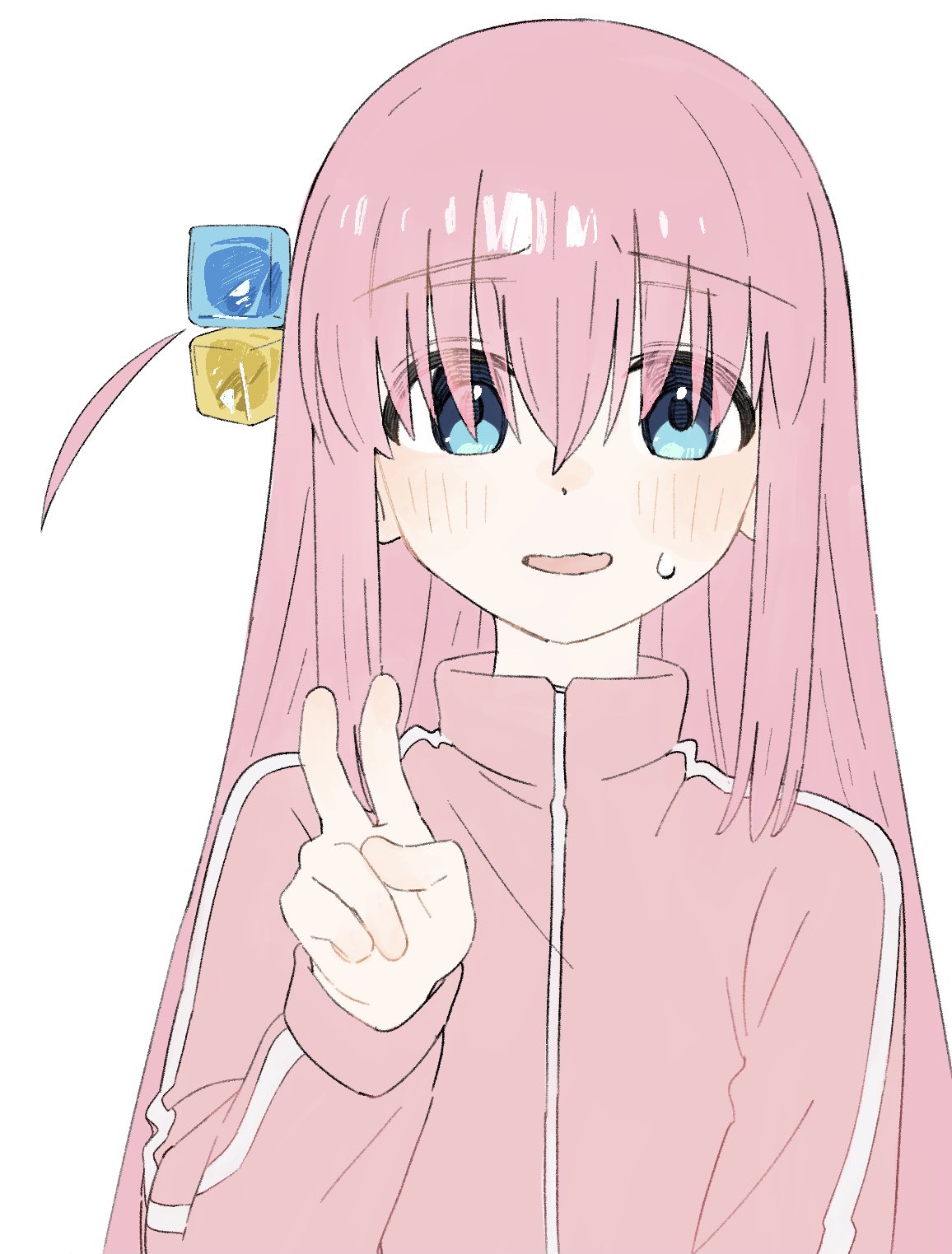 1girl, bangs, blue_eyes, bocchi_the_rock!, crossed_bangs, gotou_hitori, hair_bobbles, hair_ornament