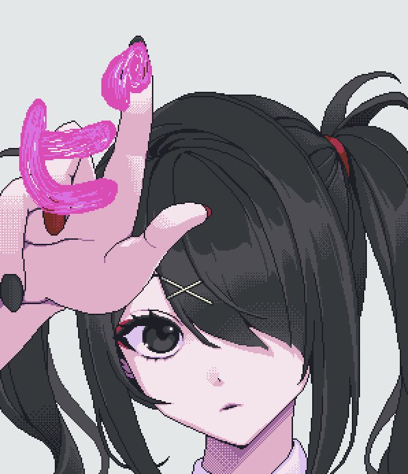 1girl, ame-chan_(needy_girl_overdose), black_eyes, black_hair, black_nails, close-up, commentary, eencya
