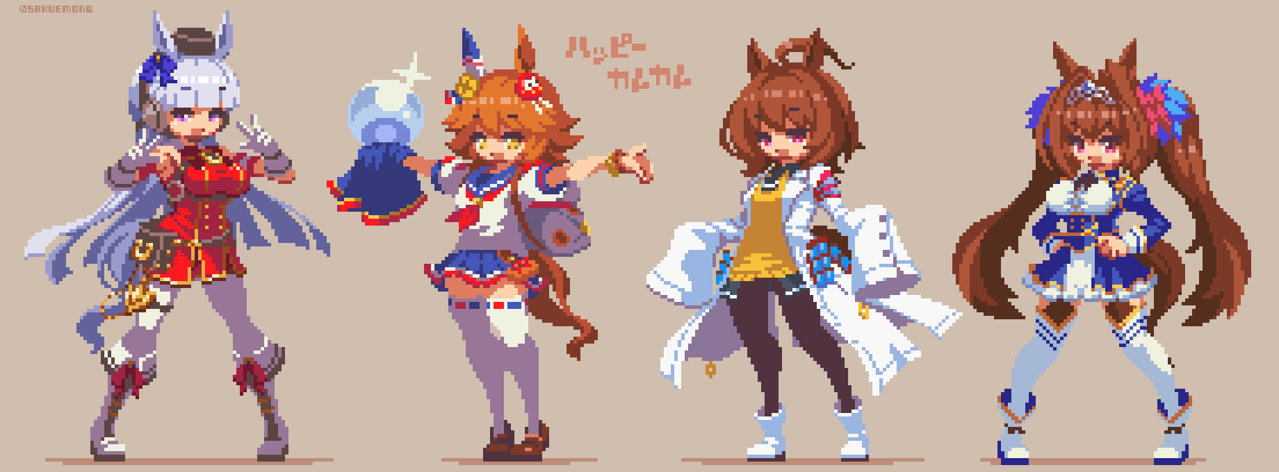 4girls, agnes_tachyon_(umamusume), ahoge, animal_ears, black_pantyhose, breasts, brown_footwear, brown_hair