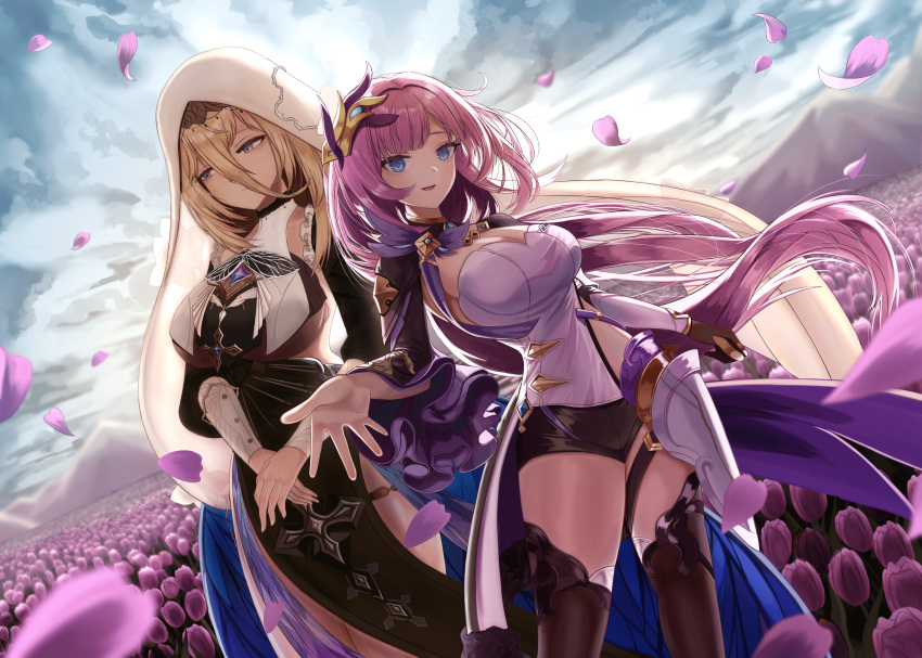 2girls, absurdres, aponia_(honkai_impact), blue_eyes, breasts, elysia_(honkai_impact), elysia_(miss_pink_elf), flower, grey_eyes, ha_uiyeon, hair_between_eyes, hair_ornament, highres, honkai_(series), honkai_impact_3rd, large_breasts, long_hair, mountain, multiple_girls, petals, pink_hair, rose, rose_petals, smile, thigh-highs, veil
