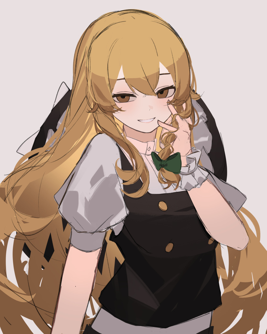 1girl, absurdres, black_vest, blonde_hair, bow, braid, buttons, clynxen, hat, hat_bow, highres, kirisame_marisa, long_hair, puffy_short_sleeves, puffy_sleeves, shirt, short_sleeves, side_braid, single_braid, touhou, turtleneck, vest, white_shirt, witch_hat, yellow_eyes