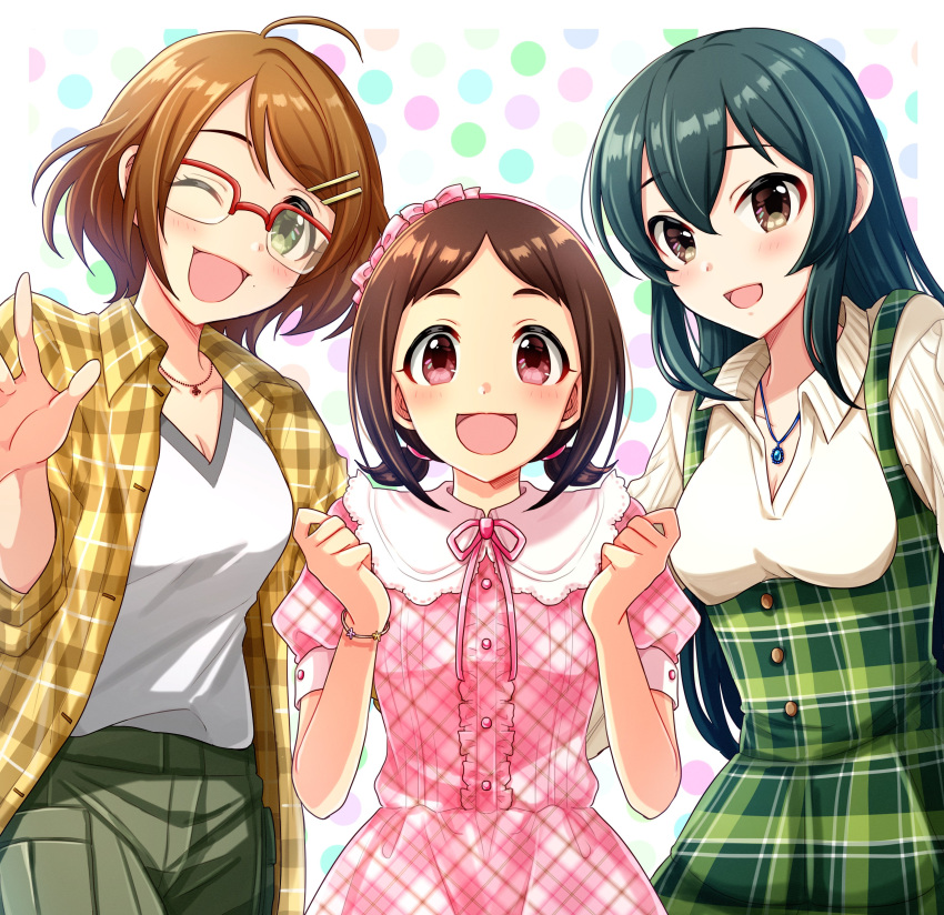 3girls, absurdres, ahoge, blue_hair, bow, bracelet, brown_hair, dress