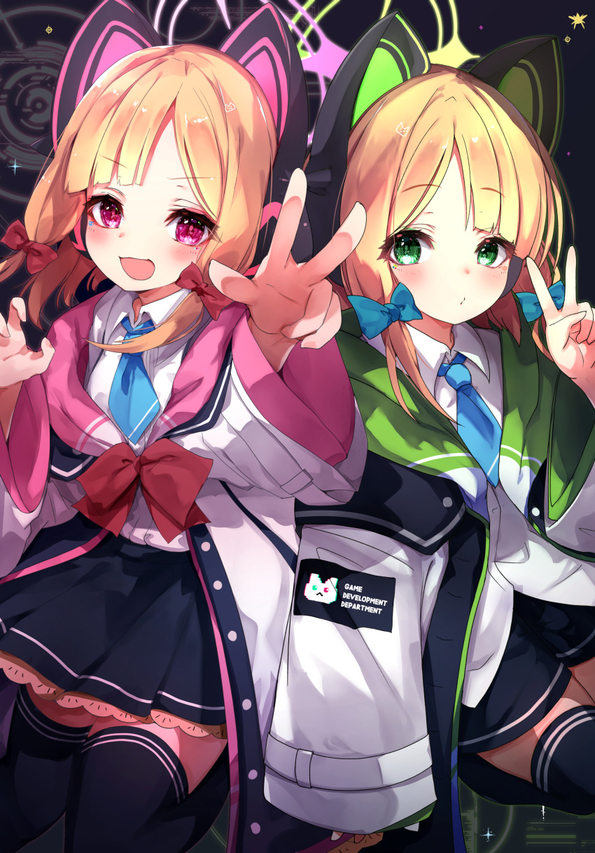 2girls, :d, absurdres, animal_ear_headphones, animal_ears, bangs, black_shorts, black_skirt