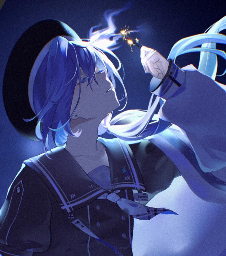 1boy, black_headwear, black_shirt, blue_hair, buttons, closed_eyes, doku_kobuko, double-breasted