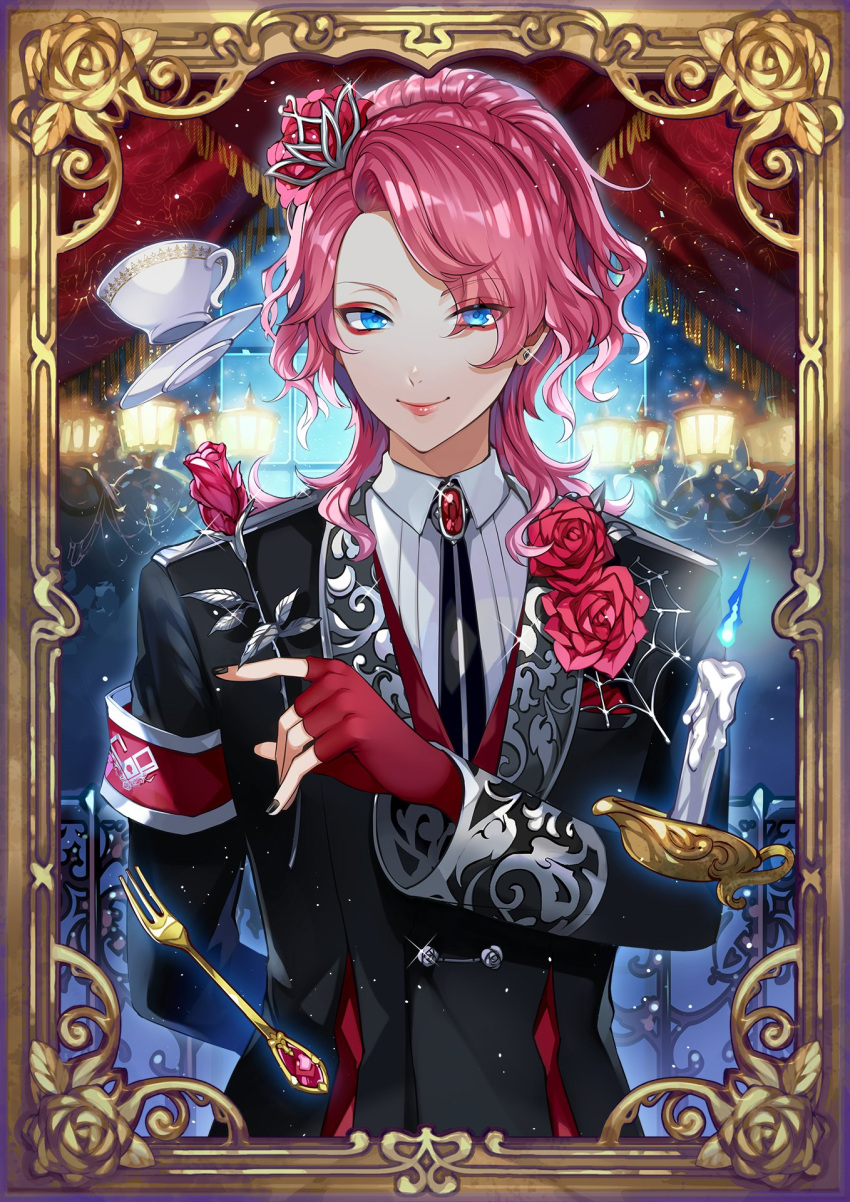 1boy, arm_behind_back, armband, bangs, black_jacket, black_nails, black_ribbon, blue_eyes