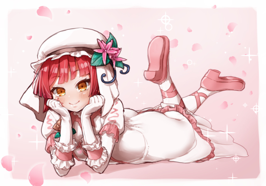 1girl, bangs, blunt_bangs, blush, border, commentary_request, dress, falling_petals