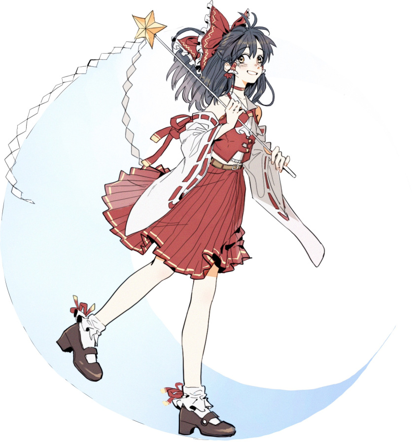 1girl, antenna_hair, ascot, belt, belt_buckle, black_hair, blush, bow
