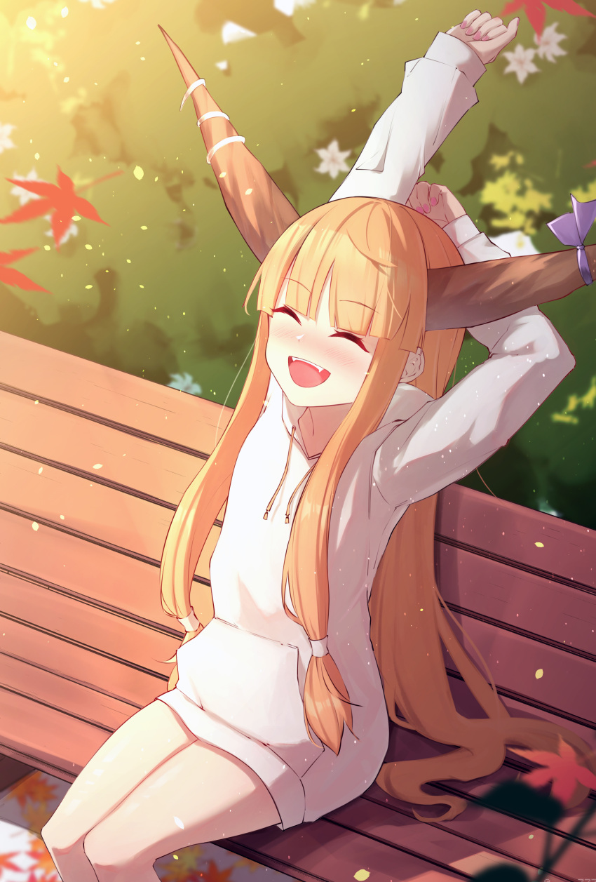 1girl, absurdres, alternate_costume, autumn_leaves, bench, blue_ribbon, blush, closed_eyes