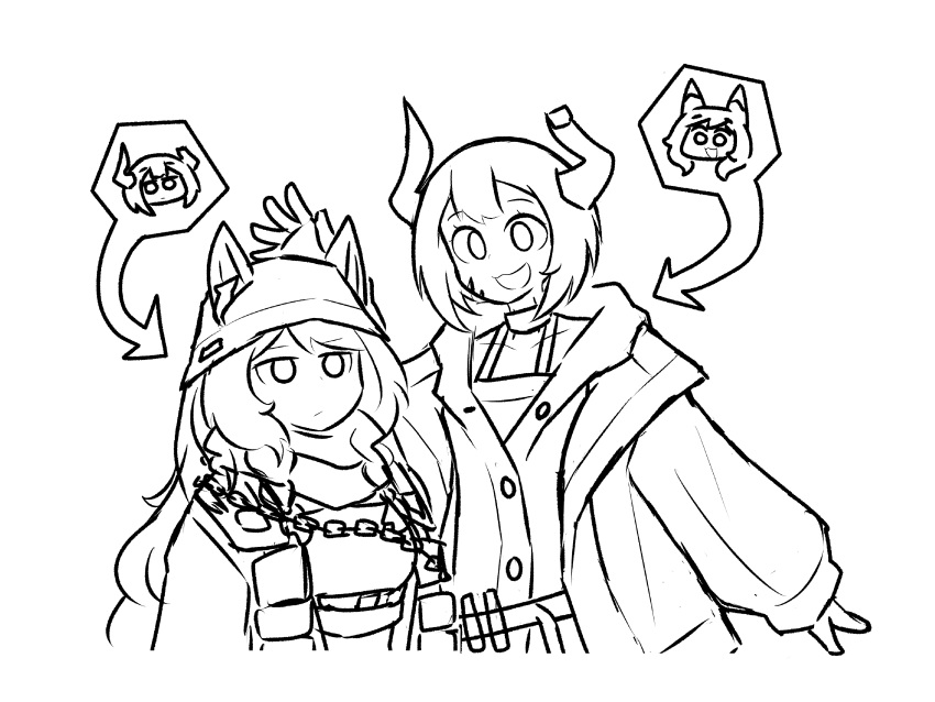 2girls, absurdres, animal_ears, arknights, bangs, braid, ceobe_(arknights), ceobe_(unfettered)_(arknights), choker, closed_mouth, ears_through_headwear, expressionless, greyscale, highres, hood, hood_down, hooded_jacket, horns, jacket, long_hair, long_sleeves, looking_ahead, looking_at_another, monochrome, multiple_girls, mumei518, official_alternate_costume, open_mouth, short_hair, simple_background, sketch, smile, twin_braids, upper_body, vulcan_(arknights), white_background