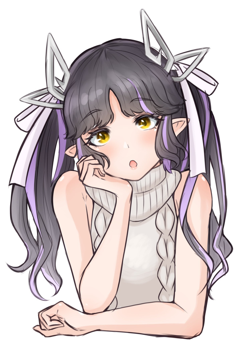1girl, :o, aran_sweater, bangs, black_hair, blush, body_blush, commentary_request