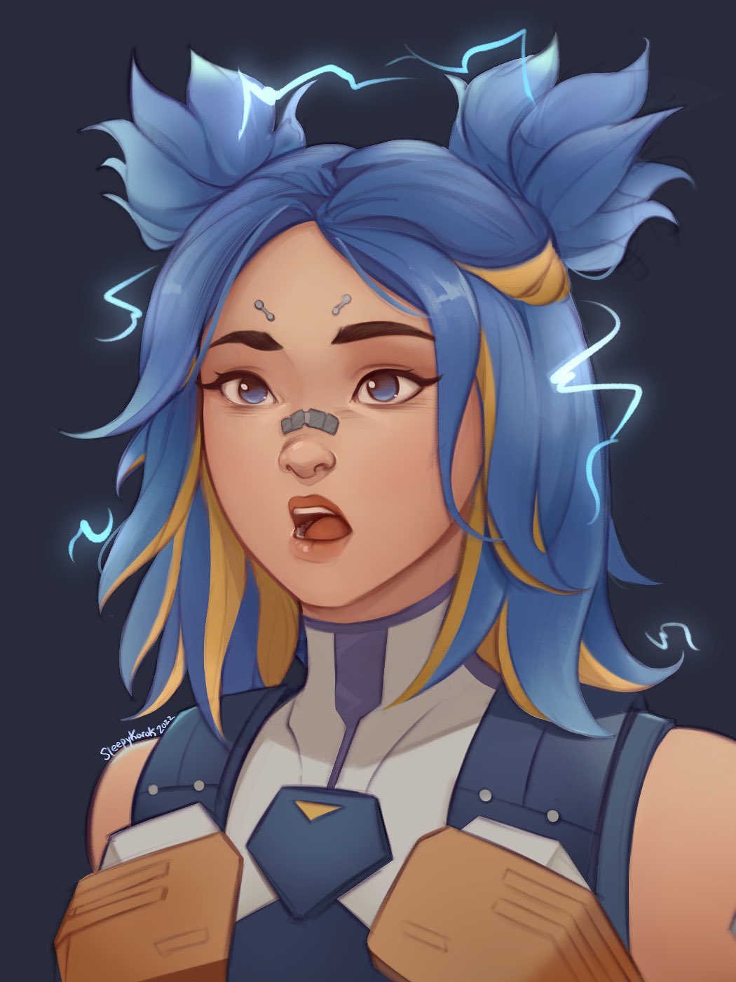 artist_name, bandaid, bandaid_on_face, bandaid_on_nose, black_background, blonde_hair, blue_eyes, blue_hair, electricity, highres, long_eyelashes, multicolored_hair, neon_(valorant), open_mouth, short_hair, sleepy_korok, surprised, twintails, two-tone_hair, valorant, vest