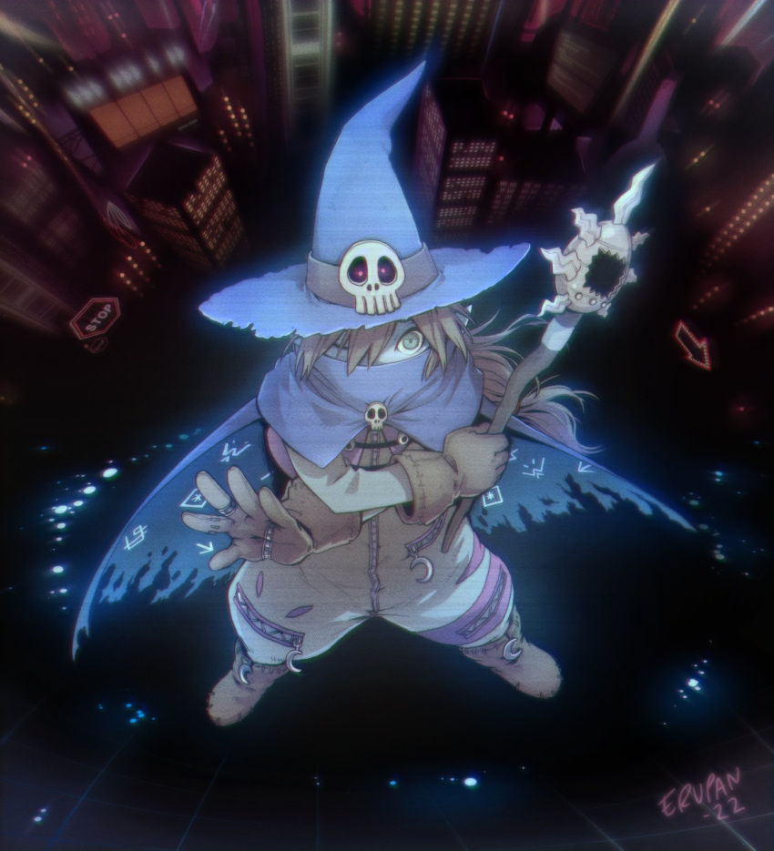 1boy, arrow_(symbol), bangs, blue_headwear, brown_gloves, brown_hair, building, cape