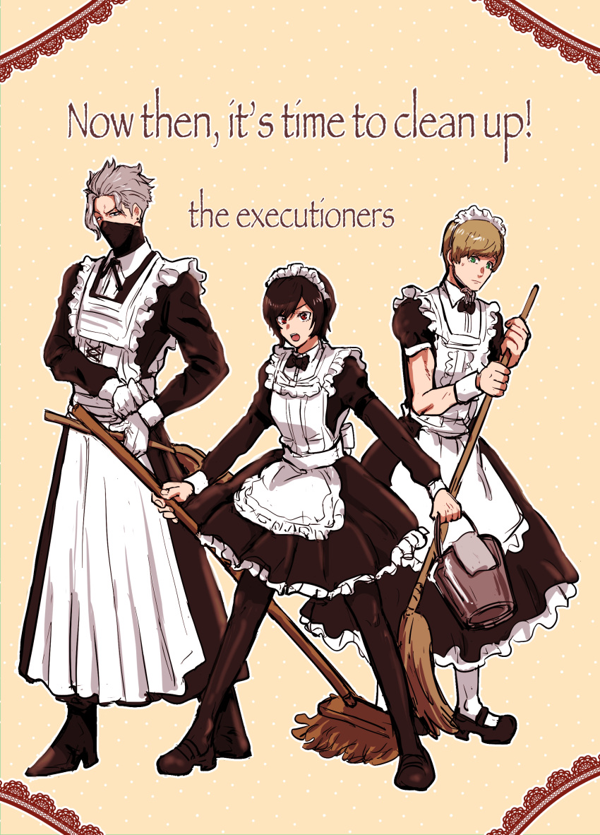 :o, absurdres, akudama_drive, alternate_costume, apron, black_dress, black_footwear, black_hair, black_pantyhose, boots, broom, brown_hair, bucket, disciple_(akudama_drive), dress, earrings, english_text, enmaided, execution_division_apprentice, gloves, green_eyes, grey_hair, highres, jewelry, kamemororo, long_sleeves, maid, maid_apron, maid_headdress, mask, master_(akudama_drive), mop, mouth_mask, pantyhose, red_eyes, short_hair, short_sleeves, socks, stud_earrings, white_gloves, white_socks, wrist_cuffs, yellow_background
