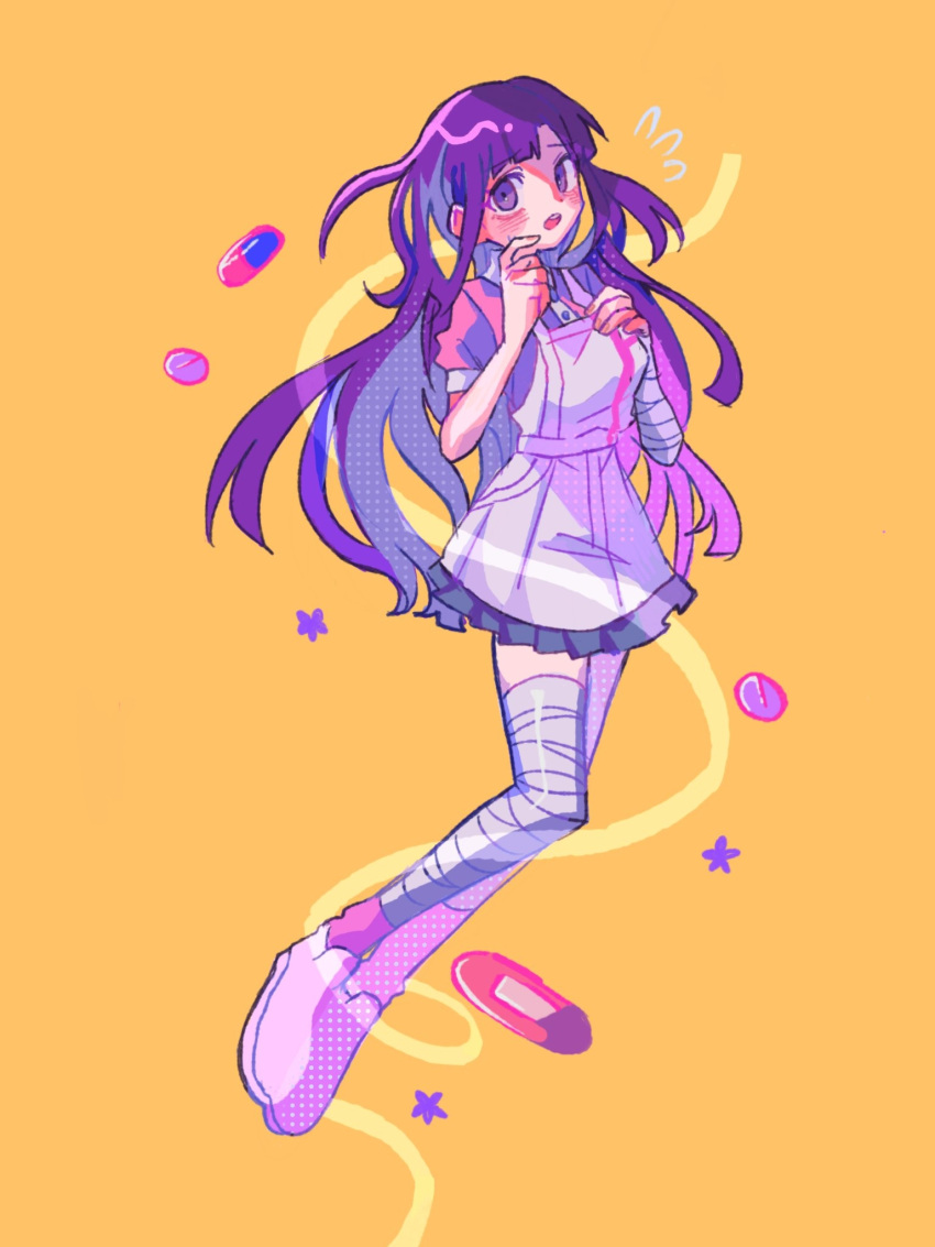 1girl, apron, bandaged_arm, bandaged_leg, bandages, bangs, blush, commentary_request