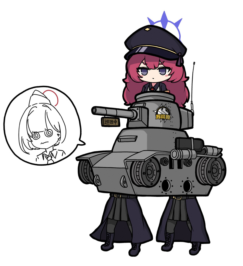 3girls, blue_archive, garrison_cap, grey_eyes, ground_vehicle, hat, highres, hrna