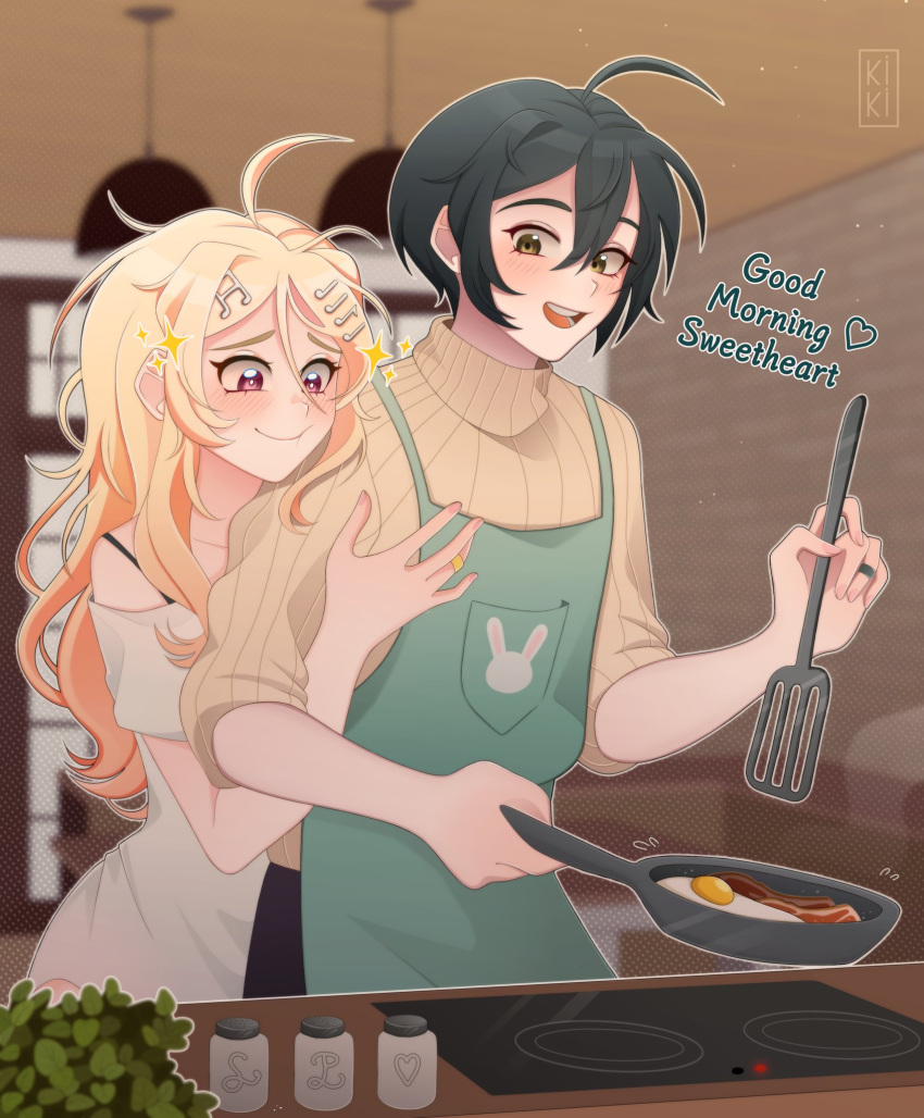 1boy, 1girl, :d, ahoge, akamatsu_kaede, alternate_costume, apron, bacon, bangs, black_hair, blonde_hair, blurry, blurry_background, blush, brown_eyes, brown_sweater, collarbone, cooking, danganronpa_(series), danganronpa_v3:_killing_harmony, egg, food, fried_egg, green_apron, grey_shirt, hair_ornament, heart, highres, hug, hug_from_behind, indoors, jewelry, kiki_witch, long_sleeves, messy_hair, musical_note, musical_note_hair_ornament, plant, ring, saihara_shuuichi, shirt, short_hair, smile, sparkle, sweater, teeth, tongue, upper_teeth