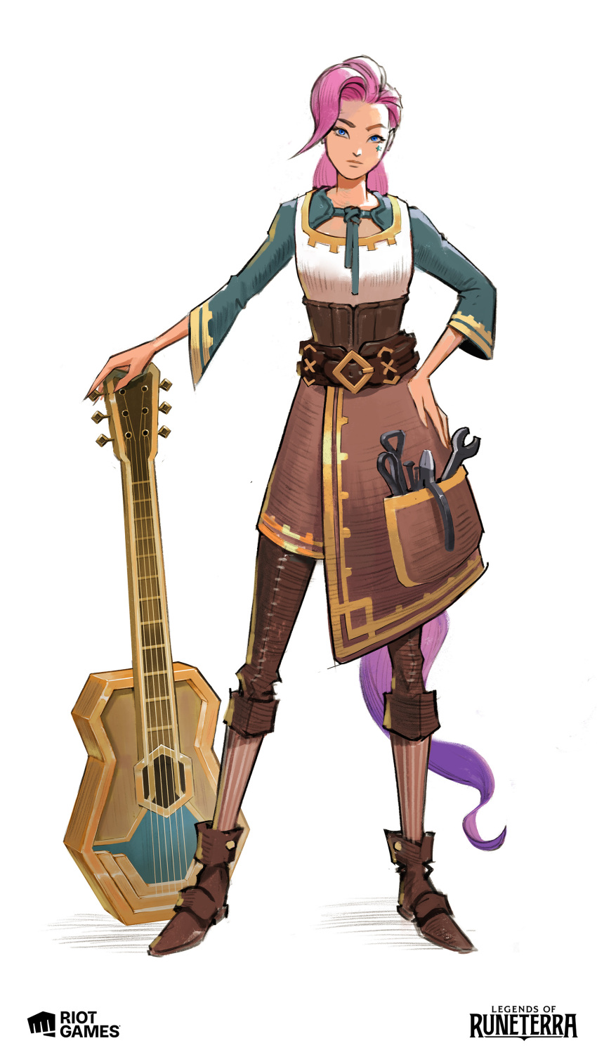 1girl, absurdres, bangs, belt, brown_belt, brown_footwear, brown_pants, brown_skirt, copyright_name, den_(denwhat), english_commentary, full_body, green_shirt, guitar, hand_on_hip, highres, instrument, league_of_legends, legends_of_runeterra, long_hair, long_sleeves, official_alternate_costume, pants, pink_hair, ponytail, seraphine_(league_of_legends), shirt, shoes, simple_background, skirt, socks, solo, striped, striped_socks, white_background, wrench
