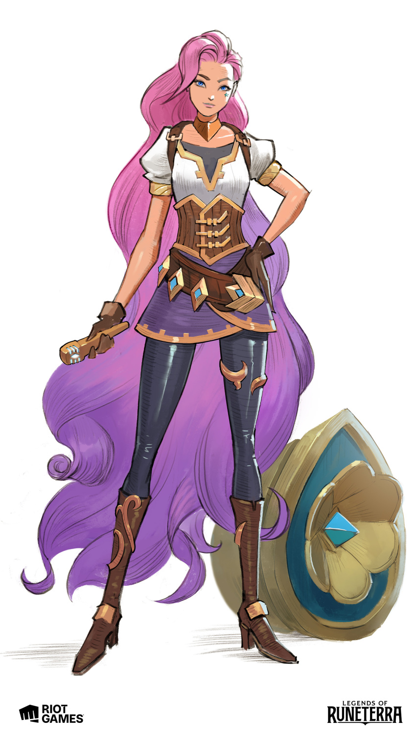 1girl, absurdres, bangs, black_pants, boots, brown_footwear, brown_gloves, corset, den_(denwhat), full_body, gloves, hand_on_hip, high_heel_boots, high_heels, highres, holding, knee_boots, league_of_legends, legends_of_runeterra, long_hair, multicolored_hair, pants, pink_hair, puffy_short_sleeves, puffy_sleeves, seraphine_(league_of_legends), shiny, shiny_clothes, shirt, short_sleeves, simple_background, skirt, solo, standing, two-tone_hair, white_background, white_shirt