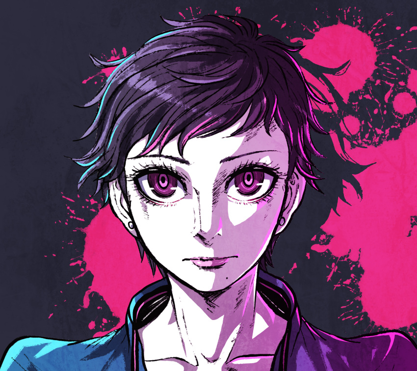 1girl, absurdres, akudama_drive, angelstarxiii, black_hair, collarbone, earrings, english_commentary